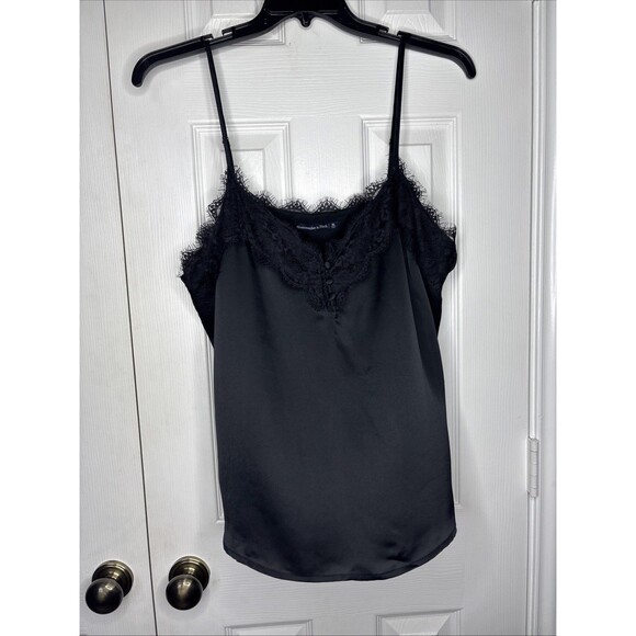 Abercrombie & Fitch XL Black Silk Lace Trim Cami Satin Button Up Tank Top - Picture 1 of 7